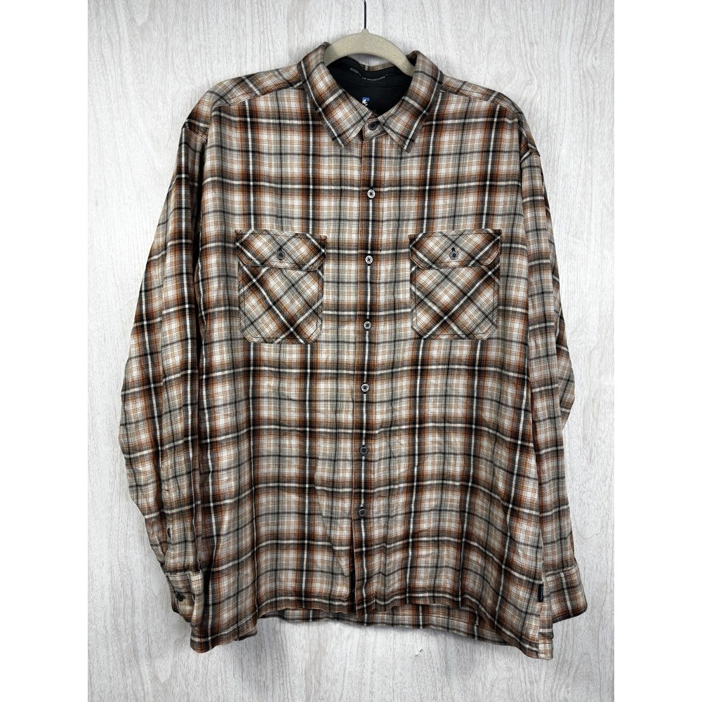 Kuhl Dillingr Flannel Shirt XL Brown Plaid Cotton Tencel Hiking Outdoor